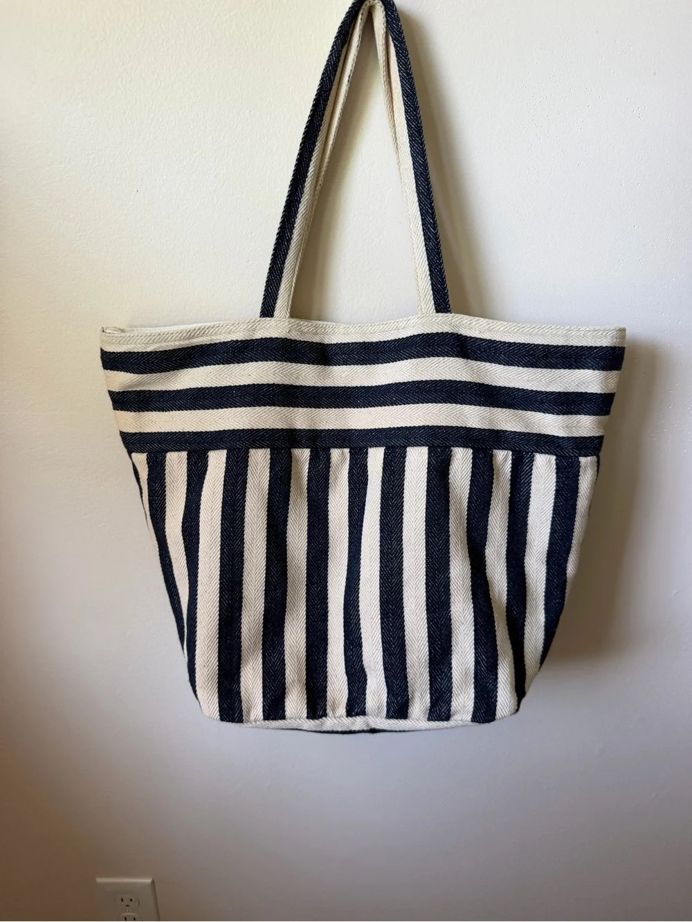 J.Jill Navy & White Striped Woven Tote Bag with Boho Tassel